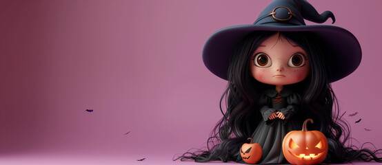 Wall Mural - 3d render of cute cartoon halloween character witch girl with black clothes and with jack-o'-lantern isolated on pink background