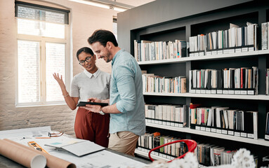 Poster - Man, woman and tablet for architecture with blueprint in office for review, design and app for property. People, reading and notes for floor plan, feedback or quality assurance at construction agency