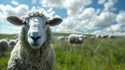 Poster - Close-up of a sheep standing in a lush green field. This image has a rustic and natural style. Perfect for agricultural and pastoral themes. Ideal for use in nature and farming projects. AI