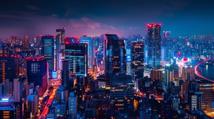 Aufkleber - A night view of Tokyo's skyline, showing brightly lit skyscrapers and illuminated streets. A bridge stretches across a river in the distance.