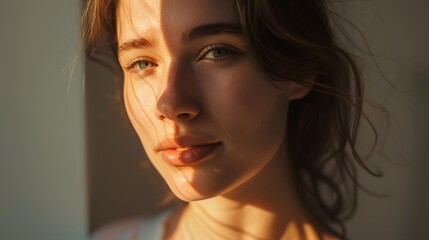 Wall Mural - Woman in Natural Light: A woman with soft, natural light illuminating her face, highlighting her serene expression.
