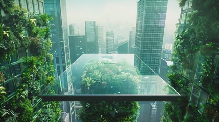 Aufkleber - A glass platform with a small rooftop garden is suspended between two tall buildings, overlooking a cityscape.