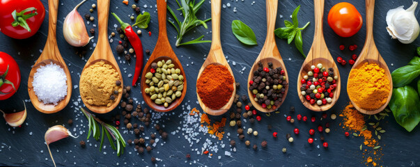 Top view of a variety of spices and fresh ingredients on wooden spoons, placed artistically on a cooking table, capturing the vibrant colors.