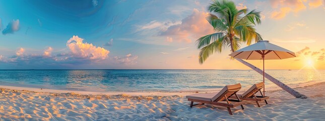 Wall Mural - Sunset Paradise: Tropical Beach with Lounge Chairs and Palm Tree