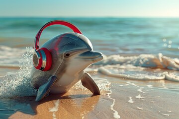 Wall Mural - cute dolphin with luxury headphones on the beach 