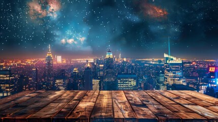 Poster - A nighttime view of a city skyline with twinkling lights and a starry sky. A wooden platform is in the foreground.