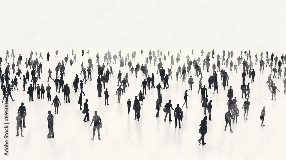 black and white illustration of a sparse crowd of tiny business people ...