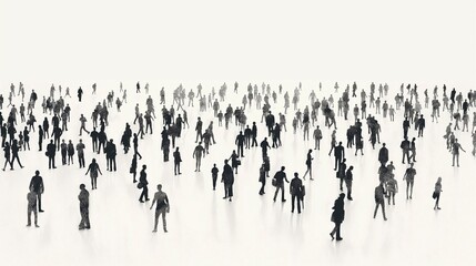 black and white illustration of a sparse crowd of tiny business people standing or walking in variou
