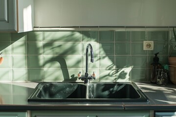 Wall Mural - Kitchen sink and faucet in a modern kitchen with copy space