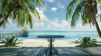 Poster - A black wrought iron table sits on a wooden deck overlooking a tropical beach. Palm trees and a wooden pier in the distance complete the idyllic scene.