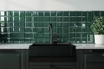 Wall Mural - modern kitchen with green tile wall and black countertop