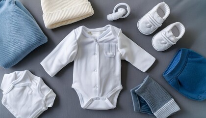 Wall Mural - Explore a charming collection of cozy newborn outfits in various colors and styles for new parents.