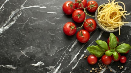 Wall Mural - A bowl of pasta with tomatoes and basil on a marble countertop