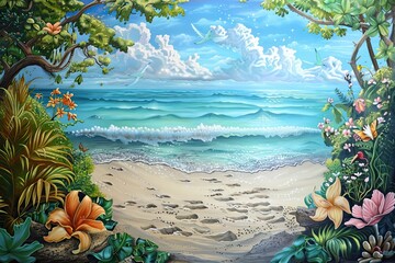 Wall Mural - beautiful cartoon artistic image of mural on a ocean beach 