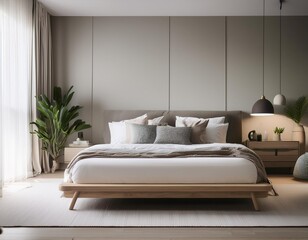 Venture into a minimalist bedroom that champions solitude and rest. A platform bed, with its understated design, is dressed in organic cotton linens in shades of gray and white. Flanking the bed are t