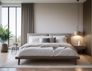 Venture into a minimalist bedroom that champions solitude and rest. A platform bed, with its understated design, is dressed in organic cotton linens in shades of gray and white. Flanking the bed are t