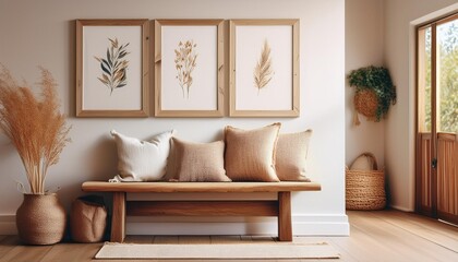 Wooden rustic bench with pillows against wall with two poster frames. Country farmhouse interior design of modern home entryway