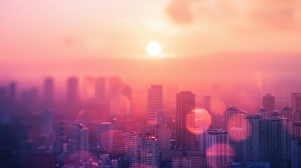 Wall Mural - abstract blurred cityscape at sunset, featuring a vibrant, warm color palette with hues of orange, p