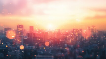 Wall Mural - abstract blurred cityscape at sunset, featuring a vibrant, warm color palette with hues of orange, p