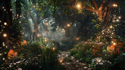 Aufkleber - A magical forest path illuminated by fairy lights winds through lush greenery.