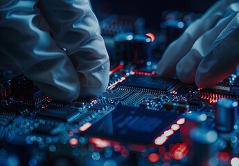 Poster - Close-up of Gloved Hands Working on a Circuit Board