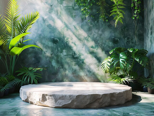 Podium beauty minimal display stage stand summer fashion abstract luxury plant. Minimal podium background texture green beauty shadow banner mockup wall stone leaf showcase cosmetic wallpaper sale art