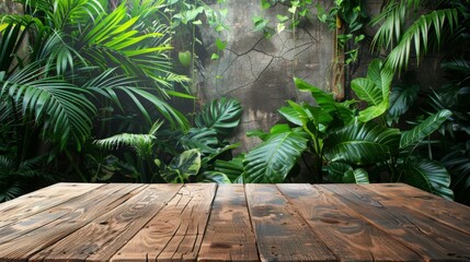 Poster - A wooden tabletop sits in front of a lush, green tropical jungle backdrop. Sunlight filters through the leaves, creating a warm and inviting atmosphere.