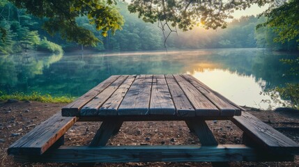 Poster - A wooden picnic table sits on the lakeshore, overlooking a tranquil lake reflecting the sunrise.