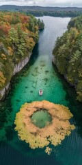 Wall Mural - A boat is floating in a lake with a large green circle in the middle