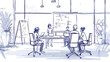 © Jeerawut - A doodle-style depiction of a meeting in a minimalistic office. The image features a conference table, a few figures engaged in discussion, and basic office elements like whiteboards and laptops,