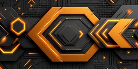 A black and orange background with a series of arrows and hexagons