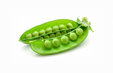 Fresh Green Peas in Open Pod on White Background