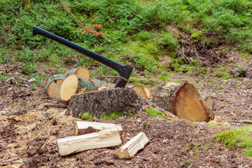 Wall Mural - Axe in stump. Axe ready for cutting timber. Woodworking tool. Lumberjack axe in wood, chopping timber. Banner with empty space