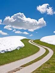 Wall Mural - A road winds through a snowy field with a blue sky in the background