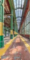 A long, empty, and abandoned building with a yellow and green striped floor