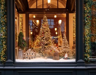 Festive Window Display- A beautifully decorated shop window with Christmas scenes, twinkling