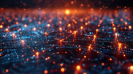 Poster - Abstract digital background with glowing lights and data particles creating a futuristic network and technology concept.
