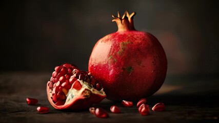 Wall Mural - A vibrant, ripe pomegranate cut open to reveal the jewel-like red seeds inside, set against a dark, moody background to enhance the fruit's vivid colors. 