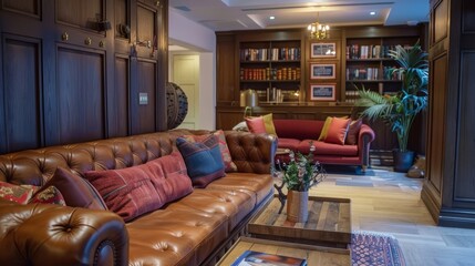 Wall Mural - LONDON, UNITED KINGDOM- DECEMBER 30, 2017: Interior design and decoration of 'The Pilgrm hotel' near Paddington underground station decorated with wooden furniture and suede leather couch- England, UK