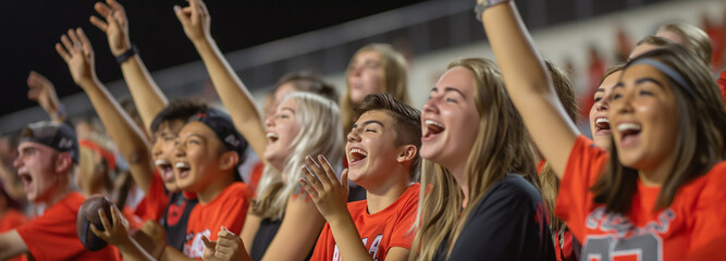 group of fans cheering in the stands at a high school football game