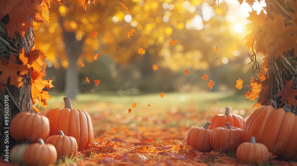 An abstract background featuring pumpkins and falling leaves in autumn ...