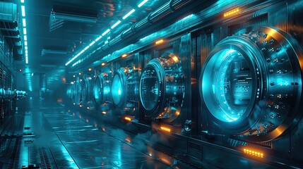 Poster - Futuristic data center corridor with glowing blue lights and advanced servers. High-tech environment showcasing modern technology and innovation.