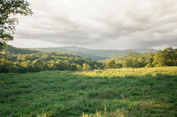 Rolling hills and forested landscape under a cloudy sky