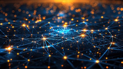 Poster - Futuristic network visualization with glowing nodes and connections representing technology, communication, and data exchange.