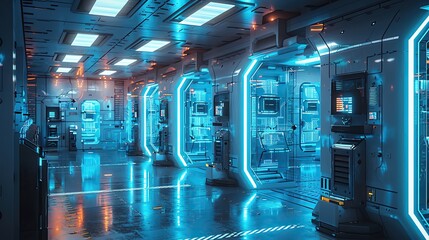 Poster - Futuristic laboratory with advanced technology, glowing blue lights, and high-tech equipment, showcasing a cutting-edge scientific environment.