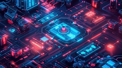 Poster - Futuristic digital circuit board with glowing neon lights, illustrating advanced technology and high-tech networks.
