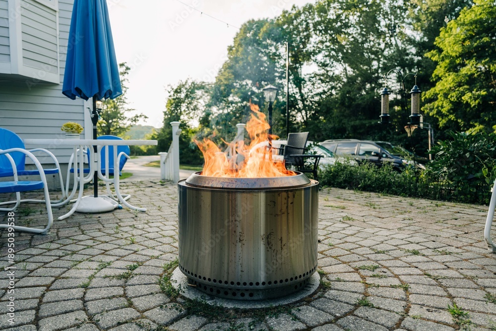 Fire pit on a stone patio with blue chairs and a table Stock Photo ...