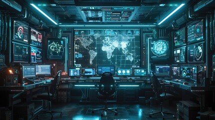 Poster - Futuristic command center with multiple screens displaying world maps, data, and analytics. High-tech workspace with advanced computer systems.