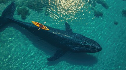 Wall Mural - serene ocean scene with canoe and whale