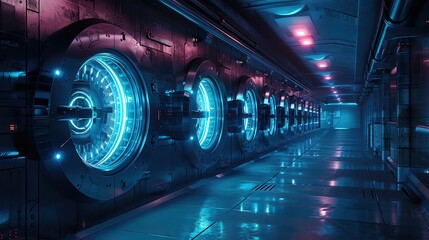 Poster - Futuristic industrial corridor with advanced technology and glowing blue lights, creating a high-tech, sci-fi environment.